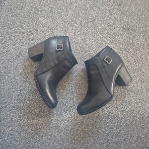 Clarks Black Leather Ankle Booties with Buckle Detail